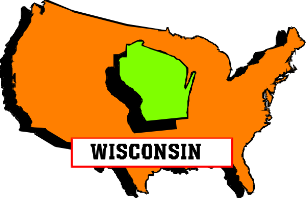 The image shows a stylized map of Wisconsin with an orange outline highlighting its borders within the United States.