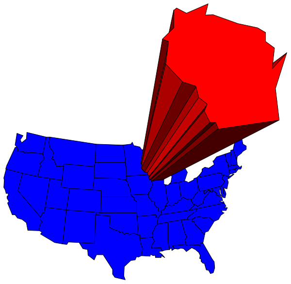 The image shows a map of Canada with an arrow pointing to Michigan from Wisconsin, indicating that it is being used as part of a joke about Canadian stereotypes in American culture.