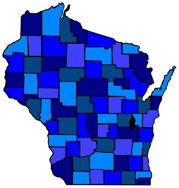 The image shows a stylized map of Wisconsin with blue shading representing different areas within its borders.