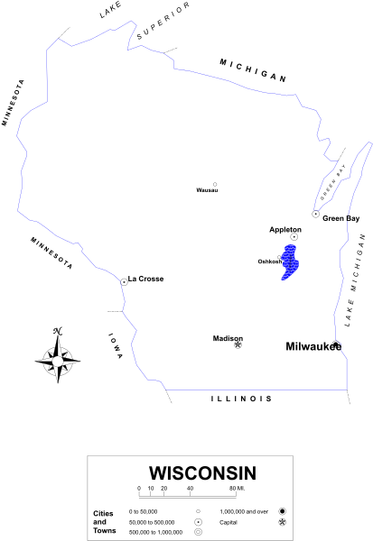 The image shows a map of Wisconsin with an overlaid blue outline indicating its borders against a black background.