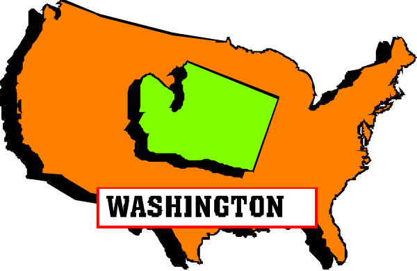 The image shows a stylized map of Washington state with an orange outline highlighting it within the United States.