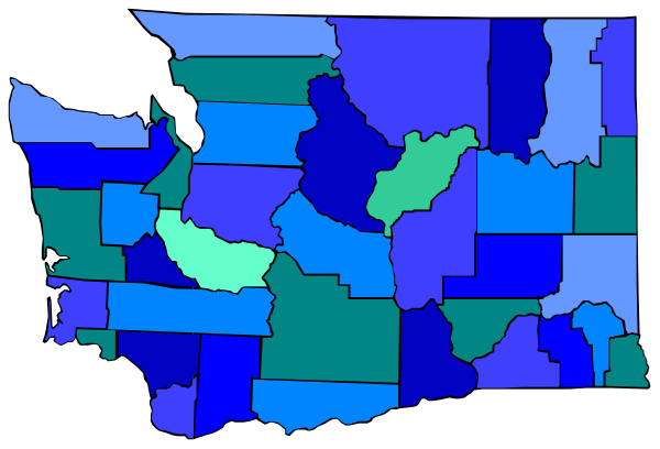 The map shows a state with various counties highlighted by different shades of blue on top of an overlaid black background.