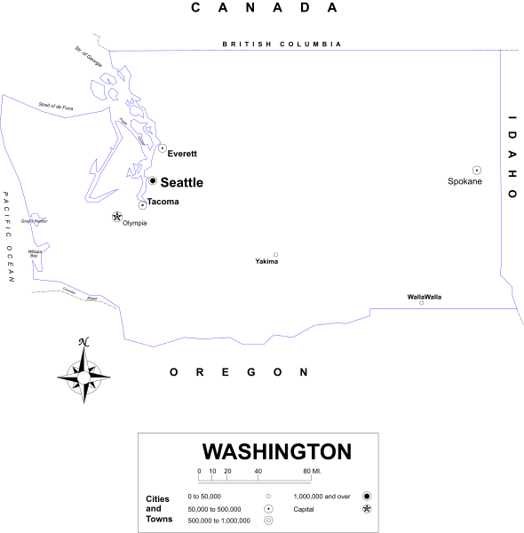 The image shows a black background with two maps overlaid on it: an outline of Washington state to its left side in blue coloring, indicating geographical boundaries; and another map showing Alaska's location within Canada at top right corner, also outlined but without any additional details or features visible due to the small size.