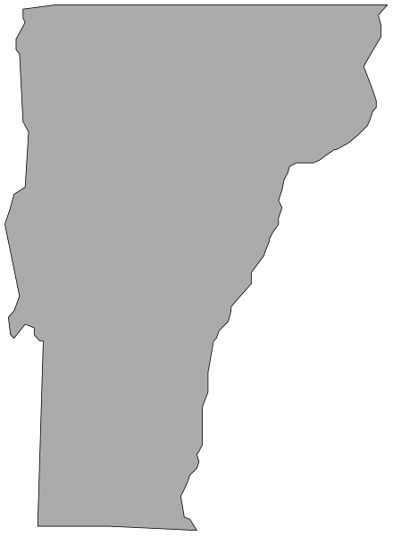The image shows a stylized map of Vermont with its outline highlighted against a black background.