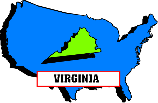 The image shows a stylized map of Virginia with its borders highlighted against an American flag background.