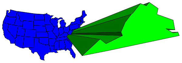 The image shows a map of the United States with two overlapping satellite images on top: one is blue representing water bodies while the other appears to be green for land masses; there's also an arrow pointing from New York City towards Los Angeles, California.