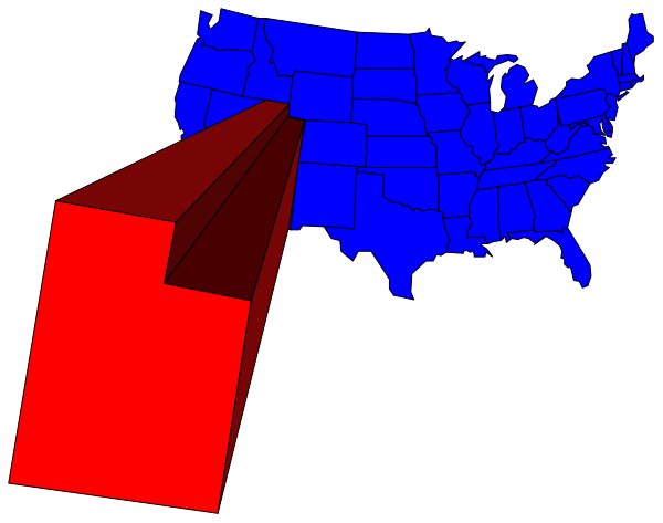 The image shows a map of the United States with red states highlighted against blue backgrounds for different political parties; there is also an overlaid graphic resembling a paper airplane in flight above two rectangles, one labeled "red" and another "blue," suggesting election results or party affiliations.