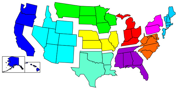 The image shows a colorful map of the United States with each state highlighted by different colored squares on top of it.