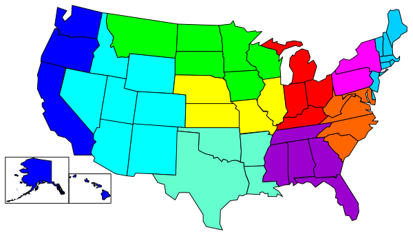 The map shows a colorful representation of all fifty states with their names written on them against a black background.
