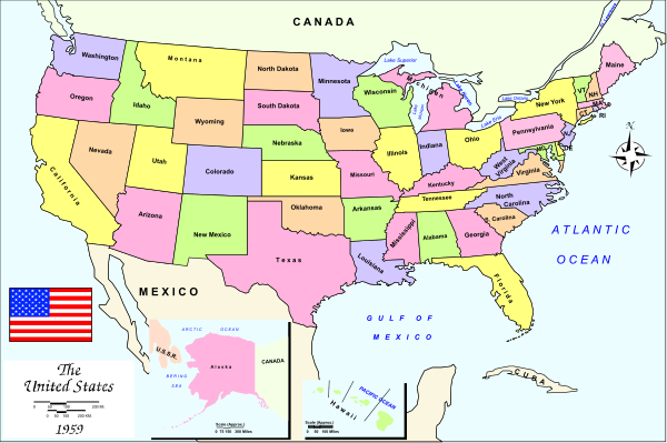 The map shows a section of the United States with various states labeled; it is overlaid on an American flag background at the bottom right corner.