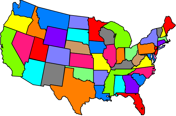 The image shows a stylized map of the United States with each state highlighted by different colored squares on top of it.