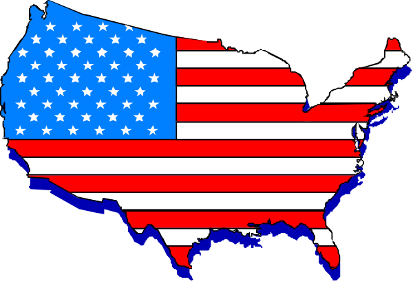 The flag of the United States with a map showing its states superimposed on it.