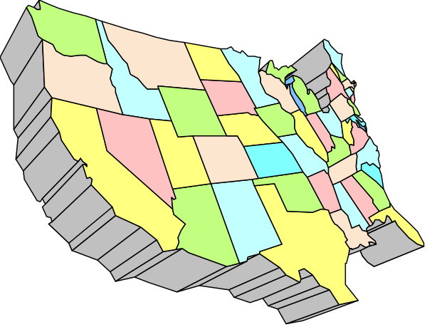 The image shows a stylized map of the United States with different colored states highlighted on it.