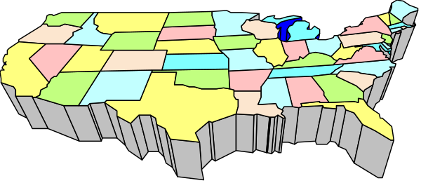 The map shows a stylized representation of the United States with different colored states; it is set against a gray background.