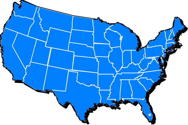 The map shows a blue outline of all fifty states within the United States with no additional details such as cities or topography visible in this image.