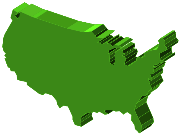 The image shows a stylized map of the United States with various states highlighted by different shapes such as rectangles and triangles in green coloring against a white background.