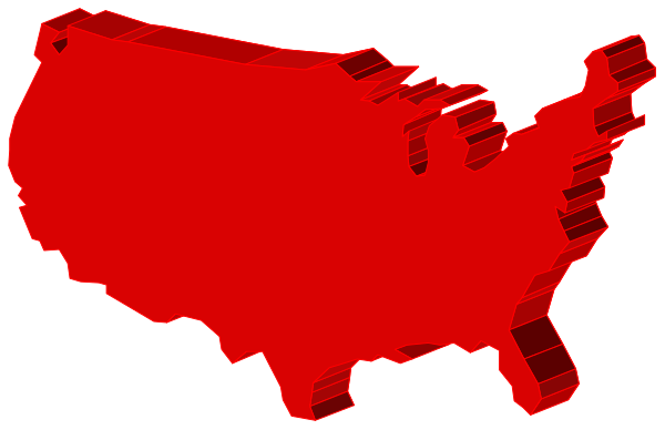 The image shows a red map of the United States with an overlay that appears to be a pixelated representation of North America superimposed on top of it in white lines.