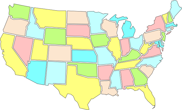 The map shows a stylized representation of the United States with different colored states labeled on it.