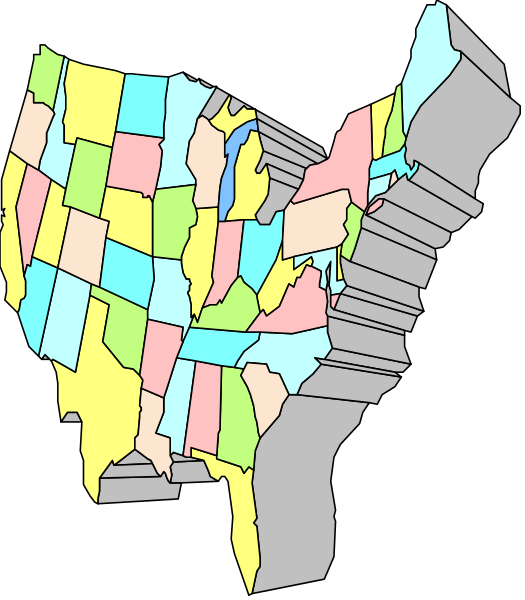 The image shows a stylized map of the United States with each state outlined but no coloring; it is presented in grayscale against a black background.