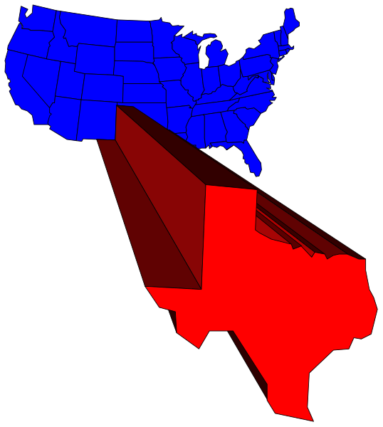 The map shows a red state with an overlay of blue states on it, indicating different political affiliations within the United States.