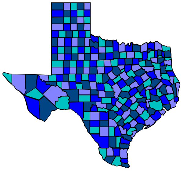The image shows a stylized map of Texas with blue shading indicating areas that have been checked off on an overlay grid pattern, resembling some sort of survey data representation.