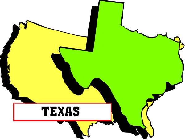 The map shows a stylized representation of Texas with its borders highlighted against an American flag background that includes other states like California, Florida, New York, Illinois, Michigan, Minnesota, Wisconsin, Iowa, Nebraska, and Missouri.