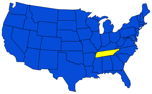 The map shows a blue state with an arrow pointing to it labeled "Yellowstone."