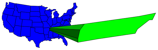 The image shows a map of the United States with two lines drawn on it; there is no text present within this small clip-art image.