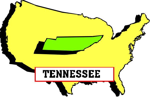 The image shows a stylized map of Tennessee with its state abbreviation "TN" highlighted on it against an American flag background in black-and-white tones.
