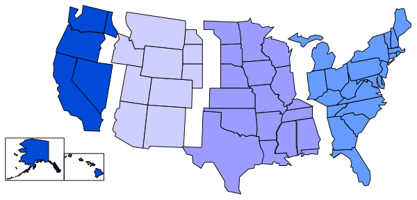 The map shows a stylized representation of the United States with different colored states highlighting various regions; it is set against a black background within an oval frame that has blue borders at top and bottom.