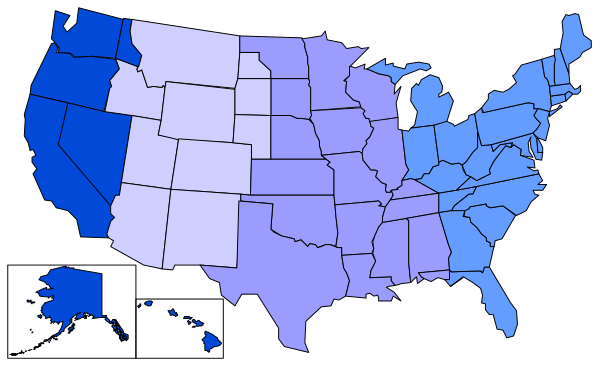 The map shows a purple state with blue counties within it, indicating some form of demographic data such as population density or election results for that particular area in comparison to other states across the United States.