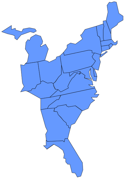 The map shows a stylized representation of the United States with states highlighted in blue against a black background.