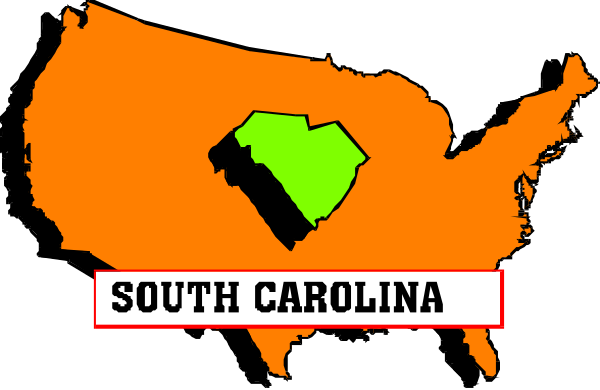 The image shows a stylized map of South Carolina with an overlay that includes text "SOUTH CAROLINA" in large letters at top center, below which is smaller lettering reading "USA."
