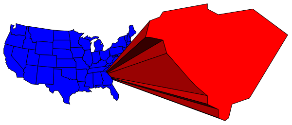 The image shows a map of the United States with two red states overlapping each other on top of blue areas that represent different regions within it.