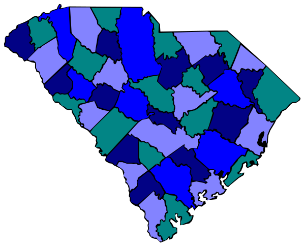The image shows a map of North Carolina with counties colored blue and purple overlaid on it.