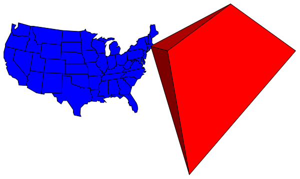 The image shows a map of the United States with two overlapping shapes: on top is an irregular red shape that appears to be superimposed over part of it; below this red shape lies another geometric figure, which seems like a blue triangle in contrasting colors against each other and the background.