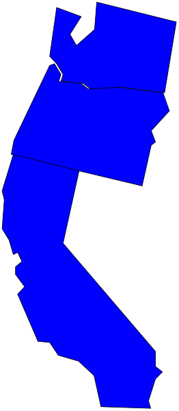 The image shows a map of California with blue shading on it against a gray background.