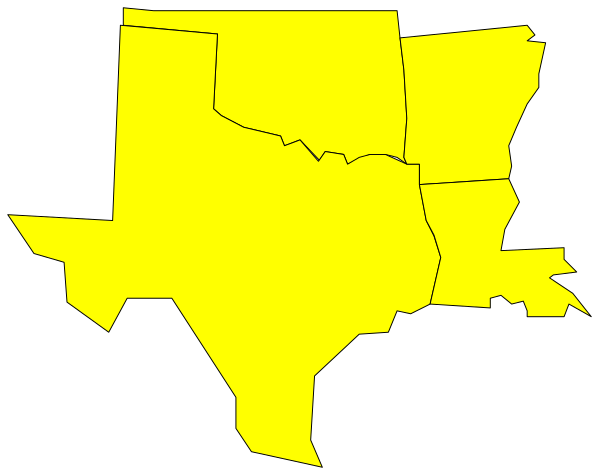The image shows a stylized map of Texas with counties highlighted in yellow against a black background.