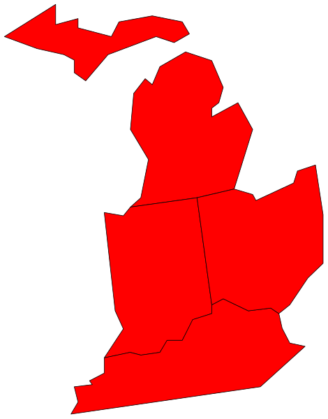 The image shows a stylized map of Michigan with red shading over it against a black background.