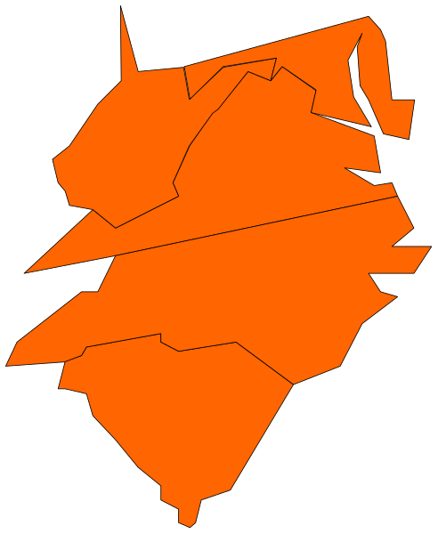 The image shows a stylized map with an orange color scheme that appears to represent some sort of territory within another larger area; it is presented in black-and-white except for one section which has been colored red, possibly indicating different levels of detail or importance.