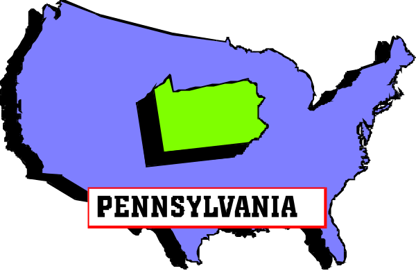 The image shows a stylized map of Pennsylvania with its borders highlighted against an American flag background that includes stars representing states in red on top left corner.