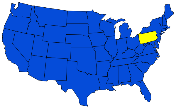 The map shows a blue United States with states highlighted; there's an overlay of two yellow rectangles on top left corner representing New York state in one rectangle and Pennsylvania in another.