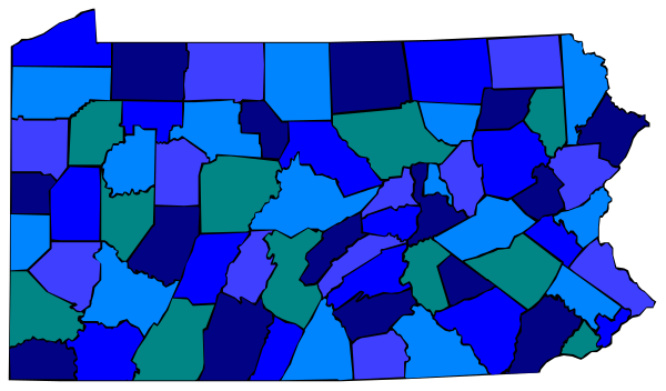 The image shows a map of Pennsylvania with counties colored blue overlaid on top of it.