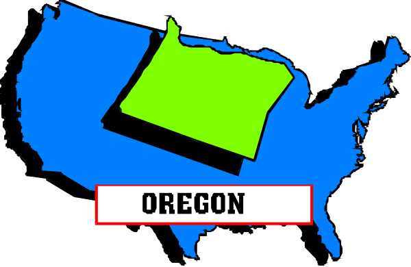 The image shows a stylized map of the United States with an emphasis on Oregon state highlighted by coloring; it is overlaid onto what appears to be a black background within another graphic element that resembles a digital display screen, possibly indicating connectivity or data transmission due to its grid-like pattern.