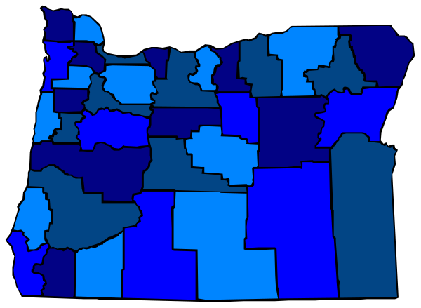 The map shows a state with counties colored blue indicating areas of interest for some purpose; there is no text present to provide additional context about what those interests might be.