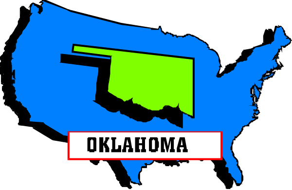 The image shows a stylized map of Oklahoma with an overlaid graphic that reads "OKLAHOMA" in large white letters on top of it.