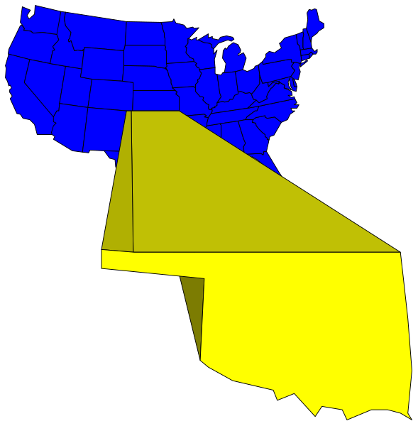 The image shows two maps of California with a yellow shape overlaid on each map to represent an area within it; there is no text present in this clip-art representation.