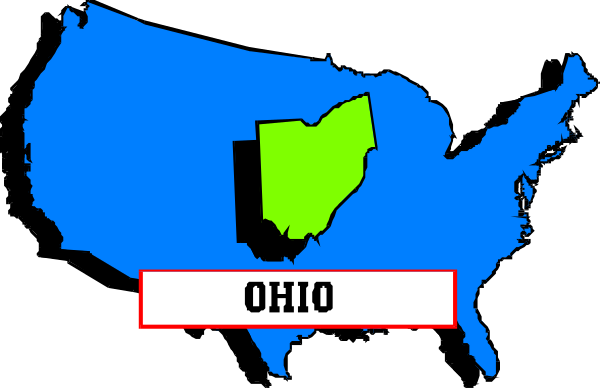 The map shows a stylized representation of the United States with an emphasis on Ohio, which is highlighted by being larger than other states in proportion to its size relative to neighboring Indiana.