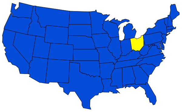 The map shows a blue United States with yellow highlighting states; there's no text present on this clip-art image.