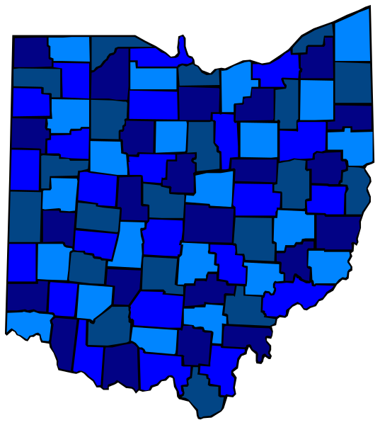 The image shows a stylized map of Indiana with counties colored blue against a white background.